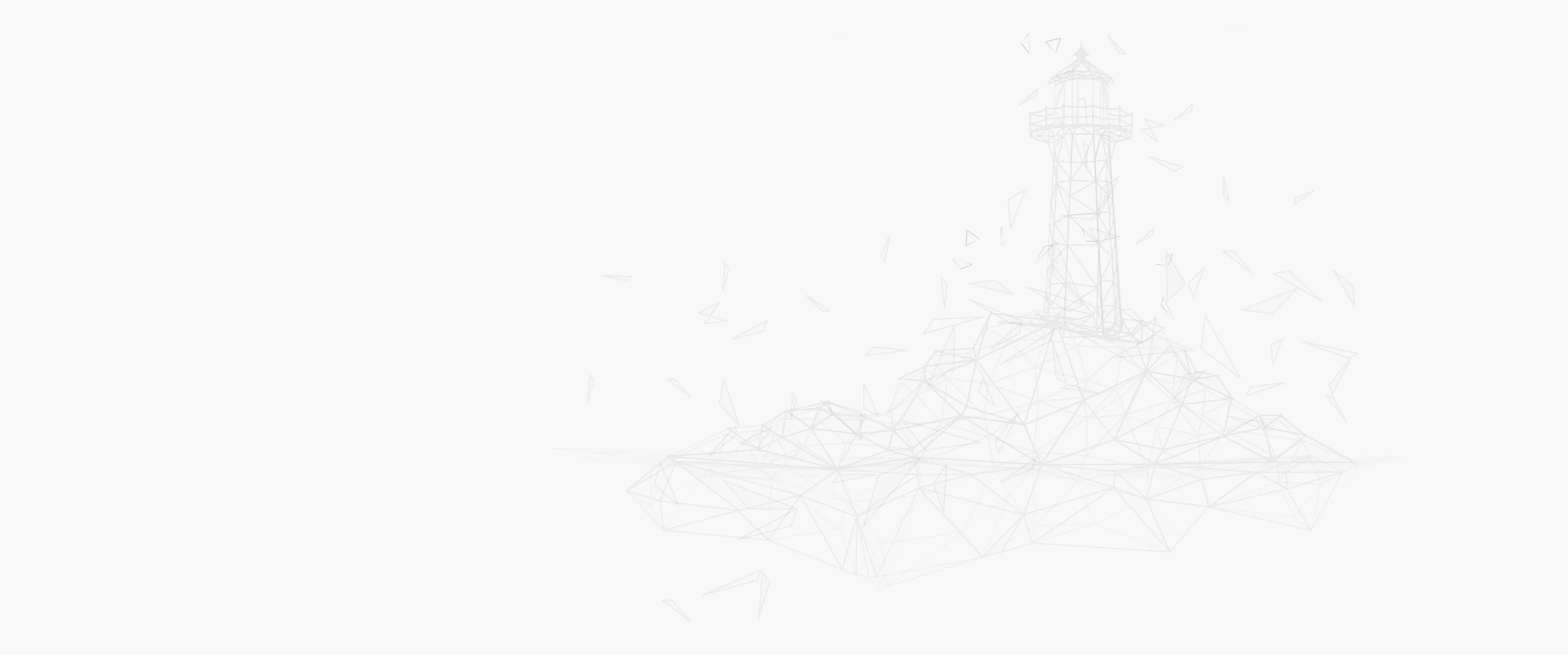 Vector illustration of a lighthouse on a rocky coast drawn in a digital futuristic style with connecting geometric shapes.