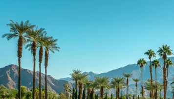 Palm trees and desert mountain panorama in Palm Springs, California